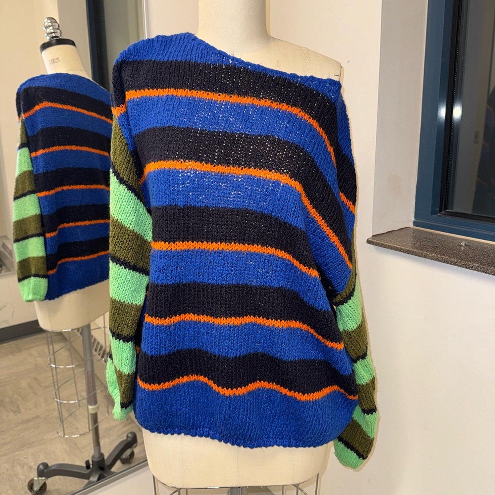 Urban Outfitters Blue, Black, Orange & Green Striped Off-Shoulder Sweater